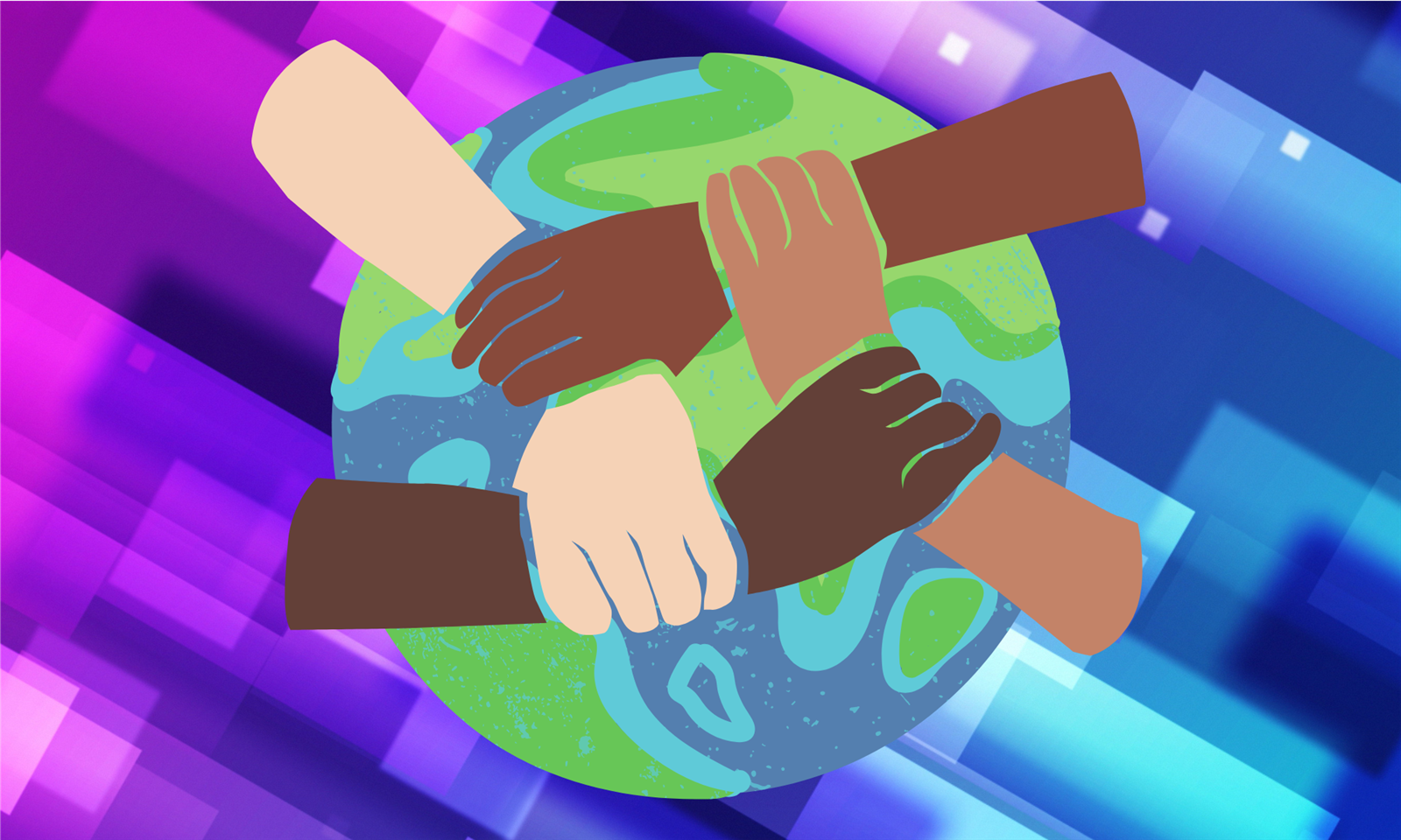 holding hands over a graphic of the Earth